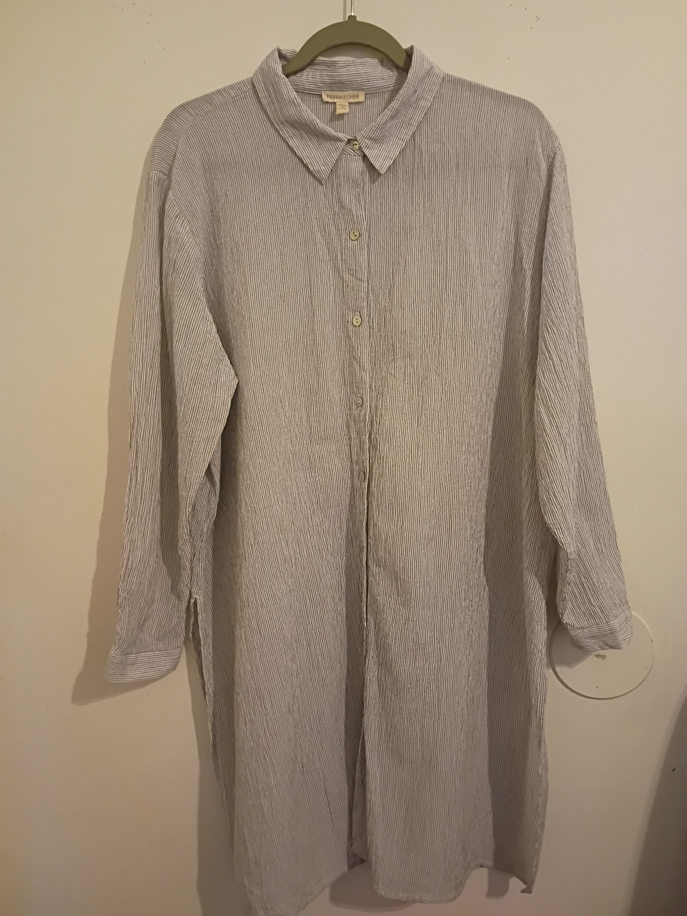 Eileen Fisher White Pinstriped Longline Button-Down Shirt Sz XL